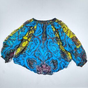 KAS NEWYORK Women's Small Silk Paisley Sheer Boho Blouse Top Blue Yellow